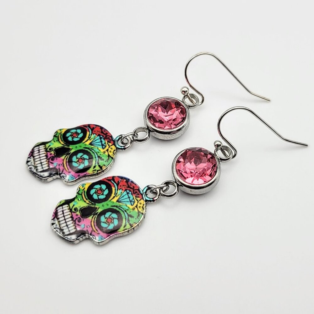 Sugar Skull Pink Tourmaline Gemstone Dangle Earring